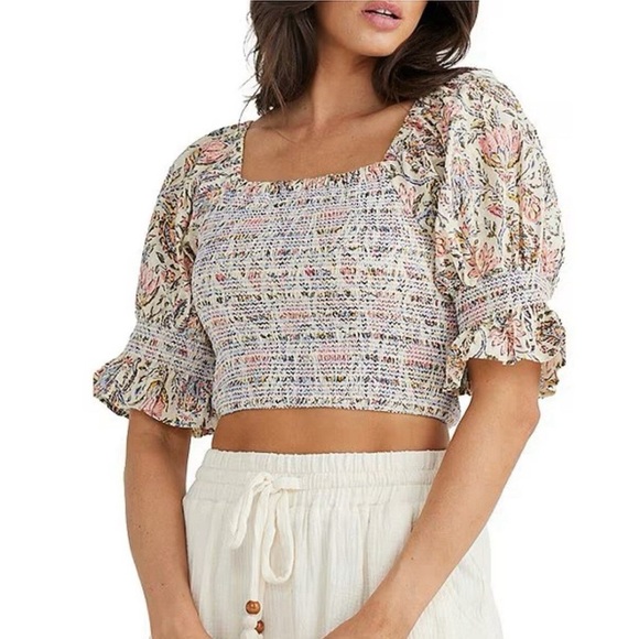 talisman Tops - Talisman Square Neck Lotus Floral Print Smocked Firelight Cropped Top NWT
